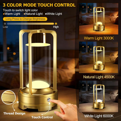 Lámpara mesa inalámbrica LED recargable con atenuación 3 colores