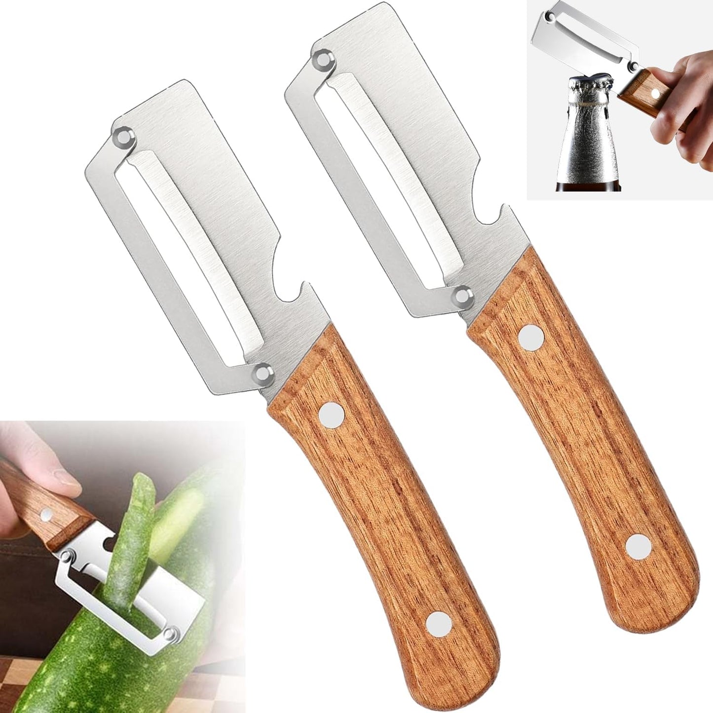 2 Peladores Verduras Multifuncionales Mango Madera Hoja Acero Inox