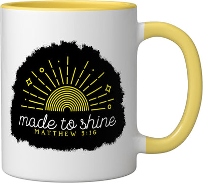 Taza cerámica Matthew 5:16 con diseño de luz solar amarilla/blanca