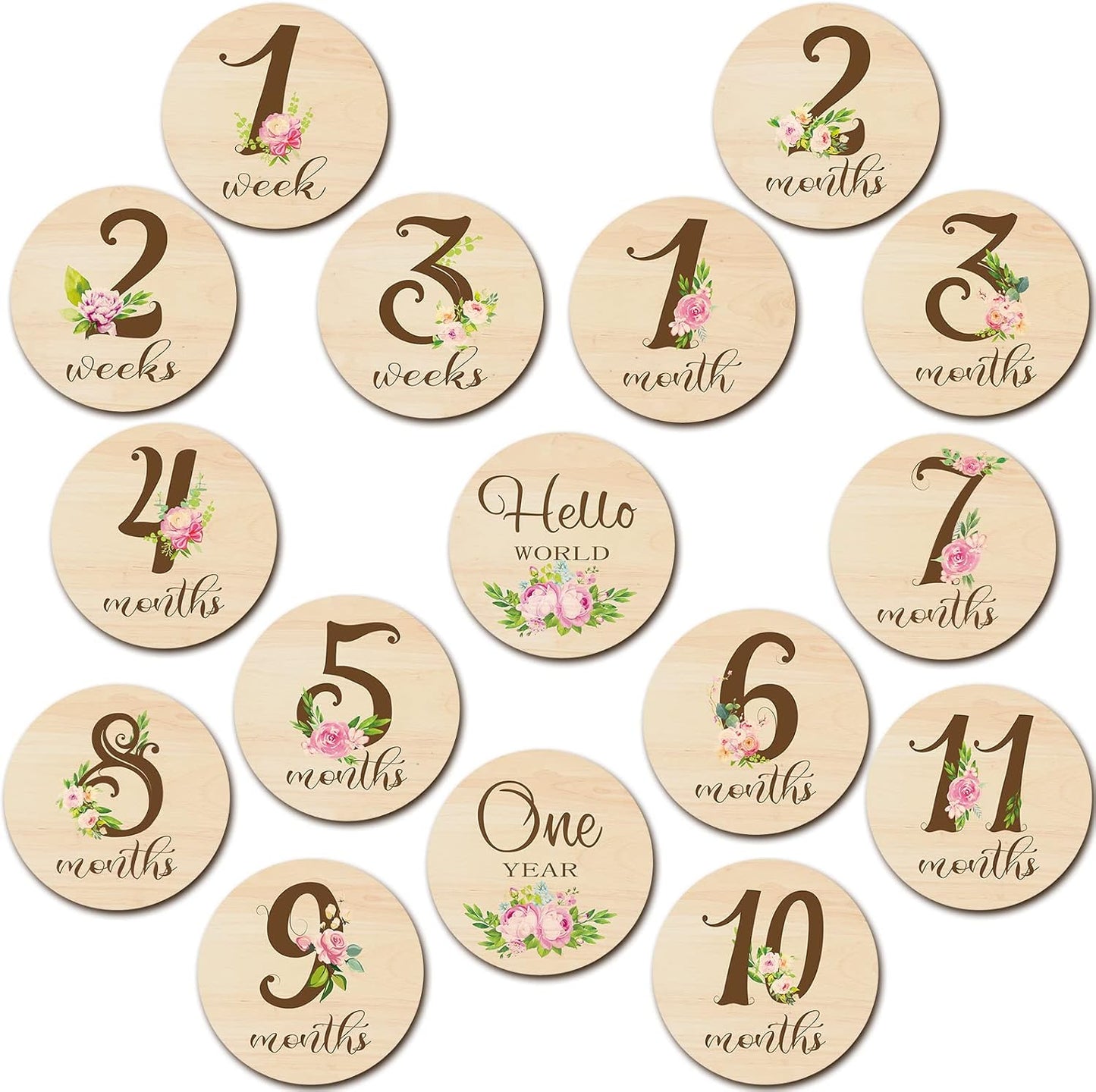 16 Tarjetas Madera Meses Bebé Doble Cara Flor
