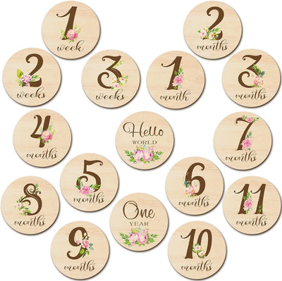 16 Tarjetas Madera Meses Bebé Doble Cara Flor