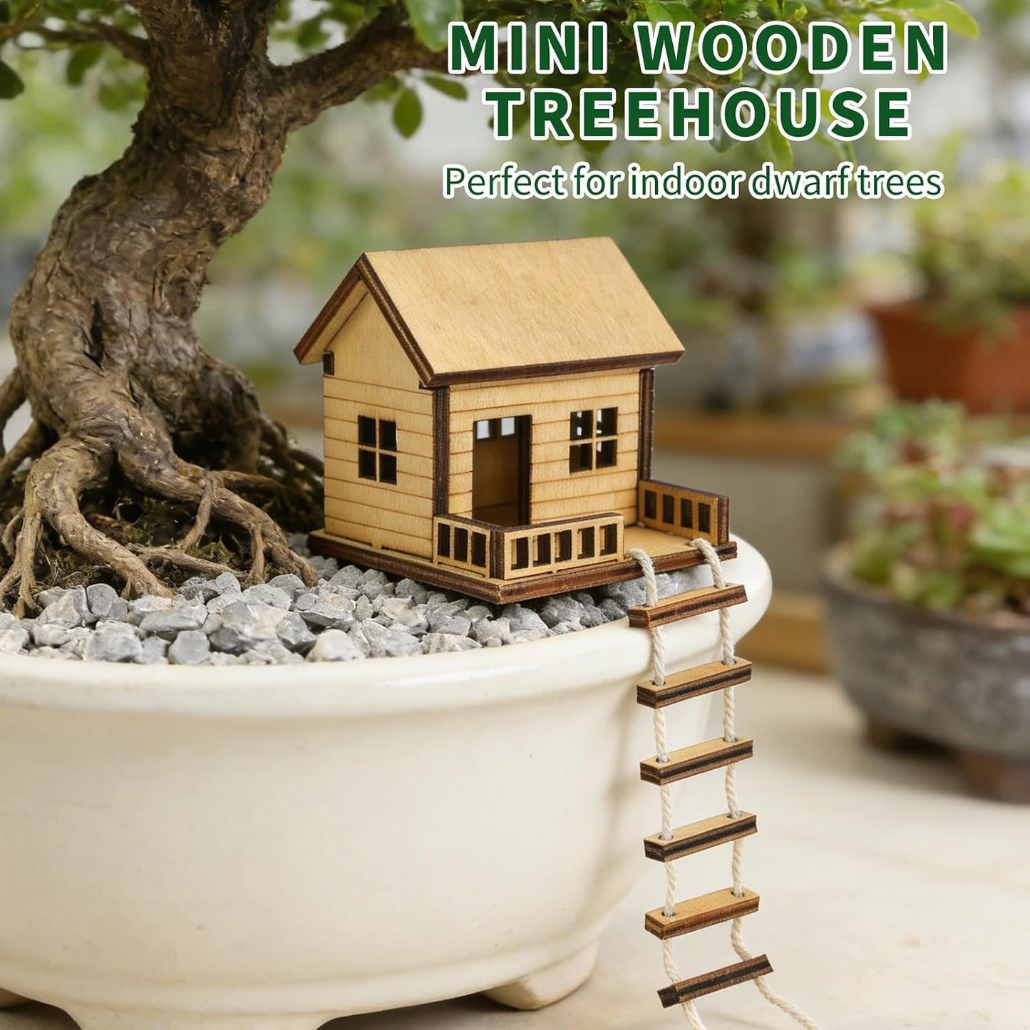 Casa del árbol madera mini para maceta jardín hadas