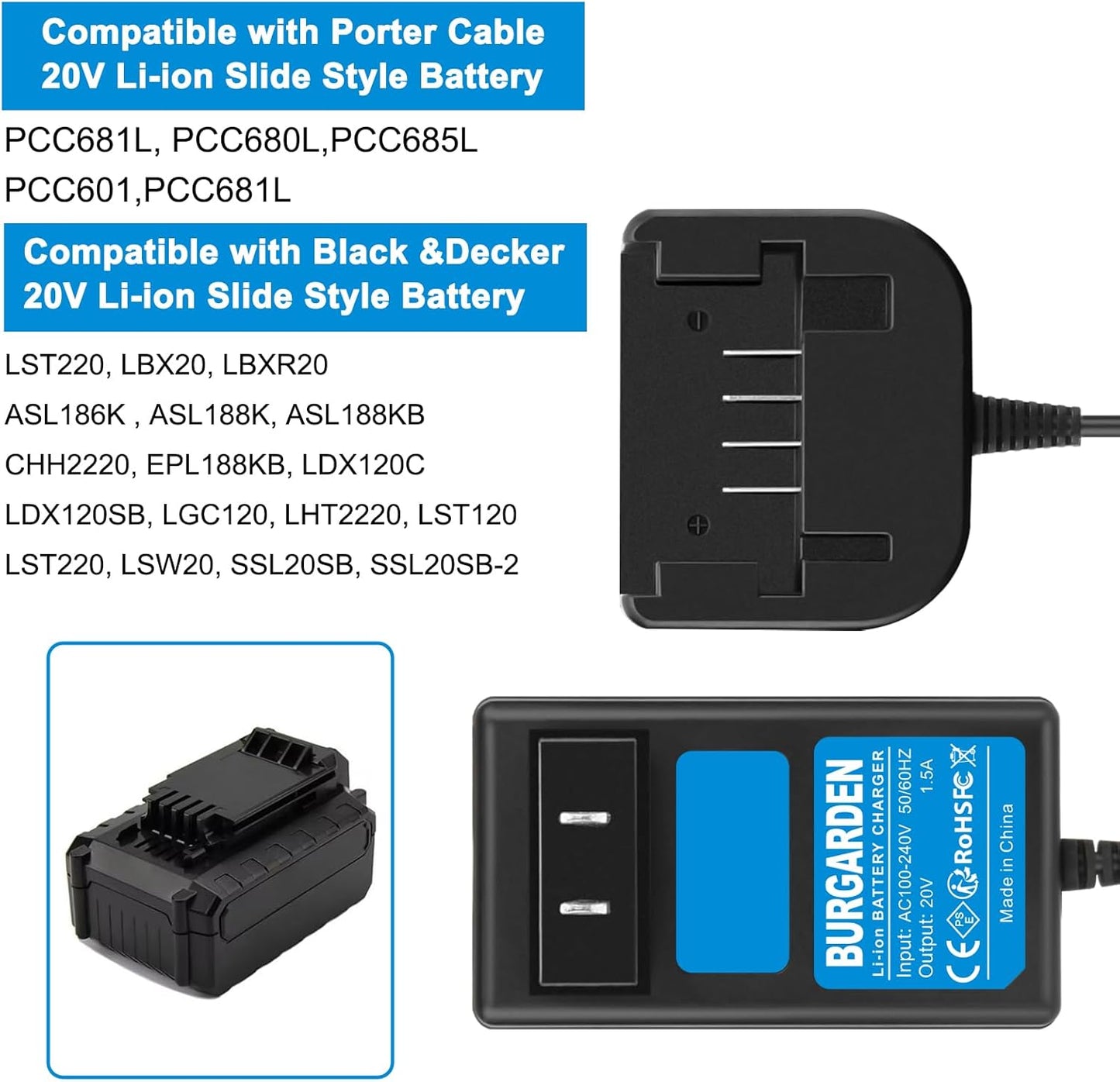 Cargador litio 20V comp batería Black & Decker Porter-Cable