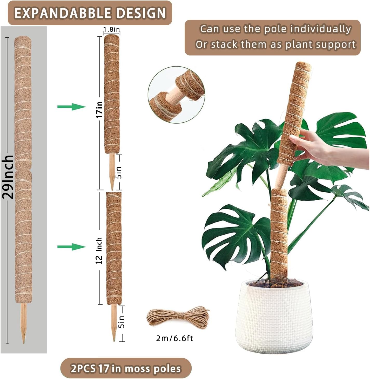 2 Soportes Monstera 17pulg Fibra Coco Poste Musgo