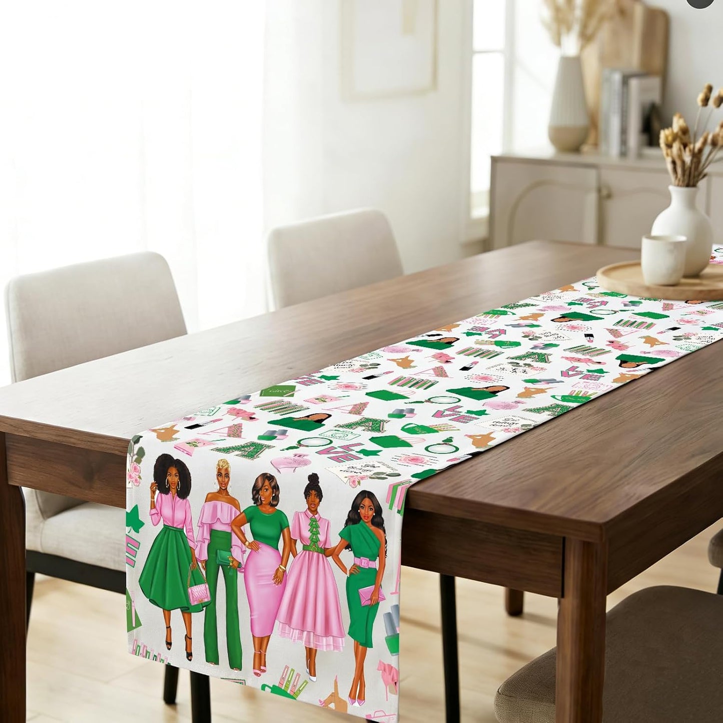 Table runner sorority hermandad rosa y verde