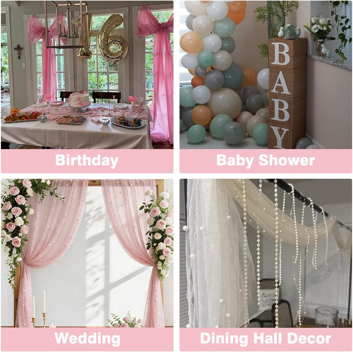 Camino mesa tul rosa 120pulg con perlas decoración boda cumpleaños