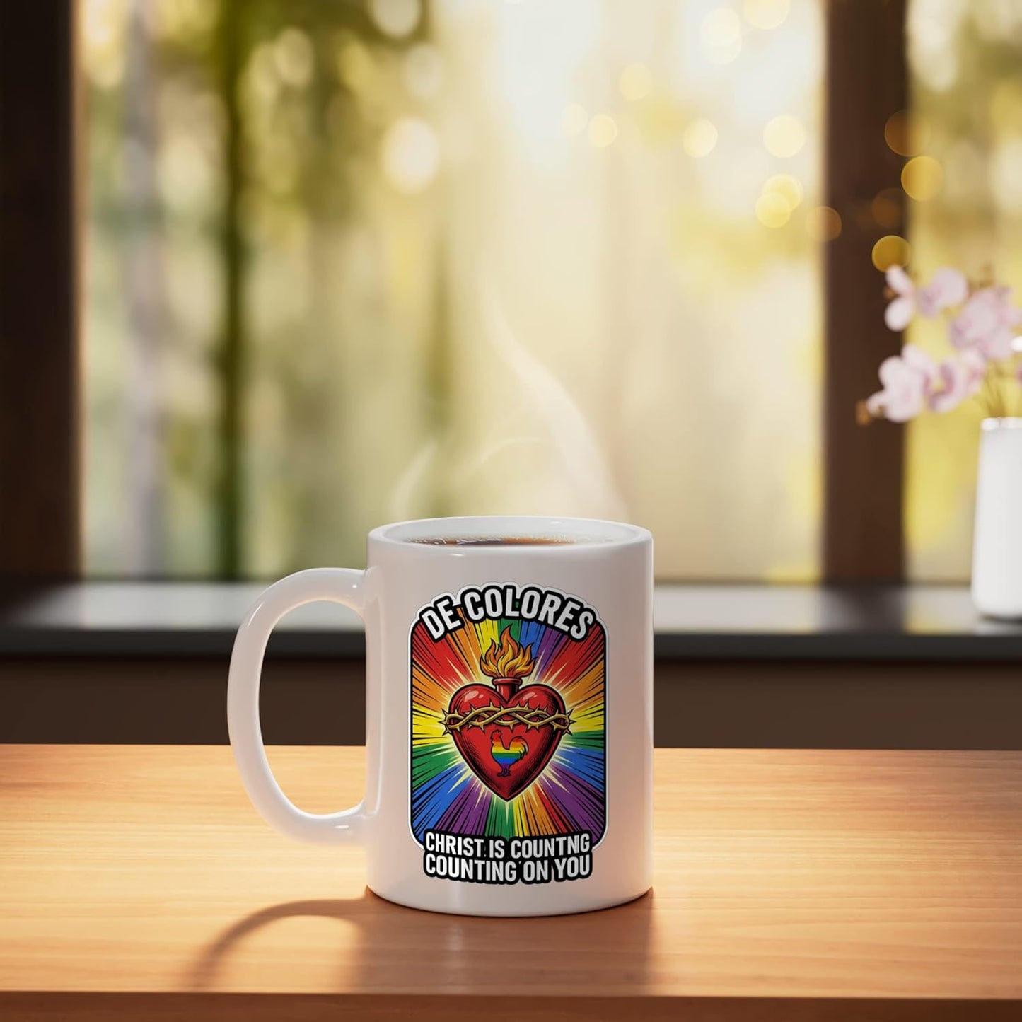 Taza cerámica DeColores Cursillo Rainbow Rooster blanca