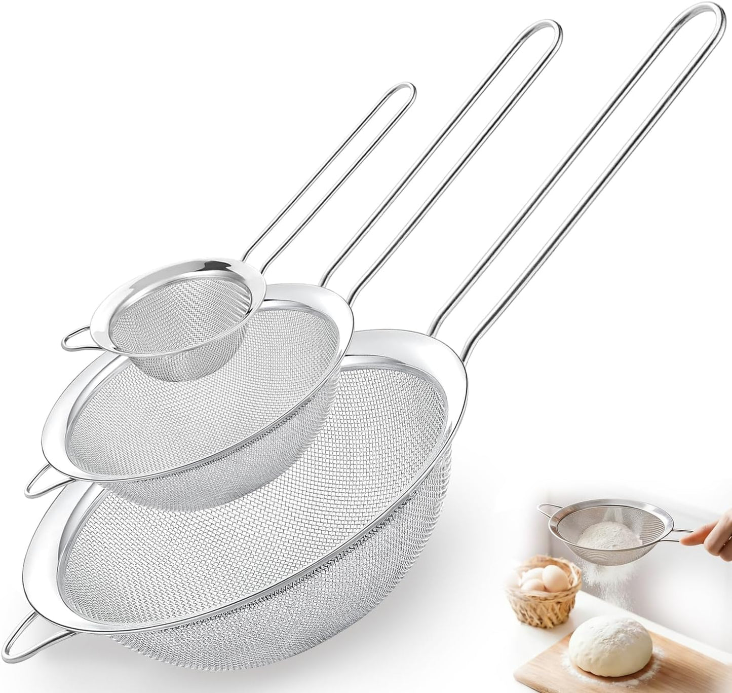 Set 3 coladores acero inox asa tamaños pequeño mediano grande