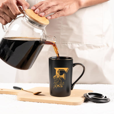 Taza de café personalizada con letra F y flor, regalo para mujer