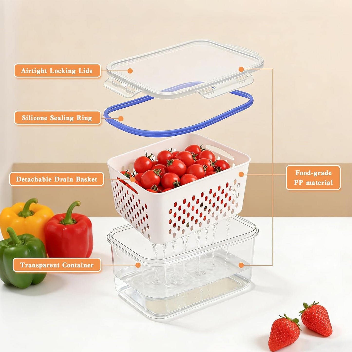 Contenedores de almacenamiento 4 en 1 para refrigerador con colador y cesta de drenaje