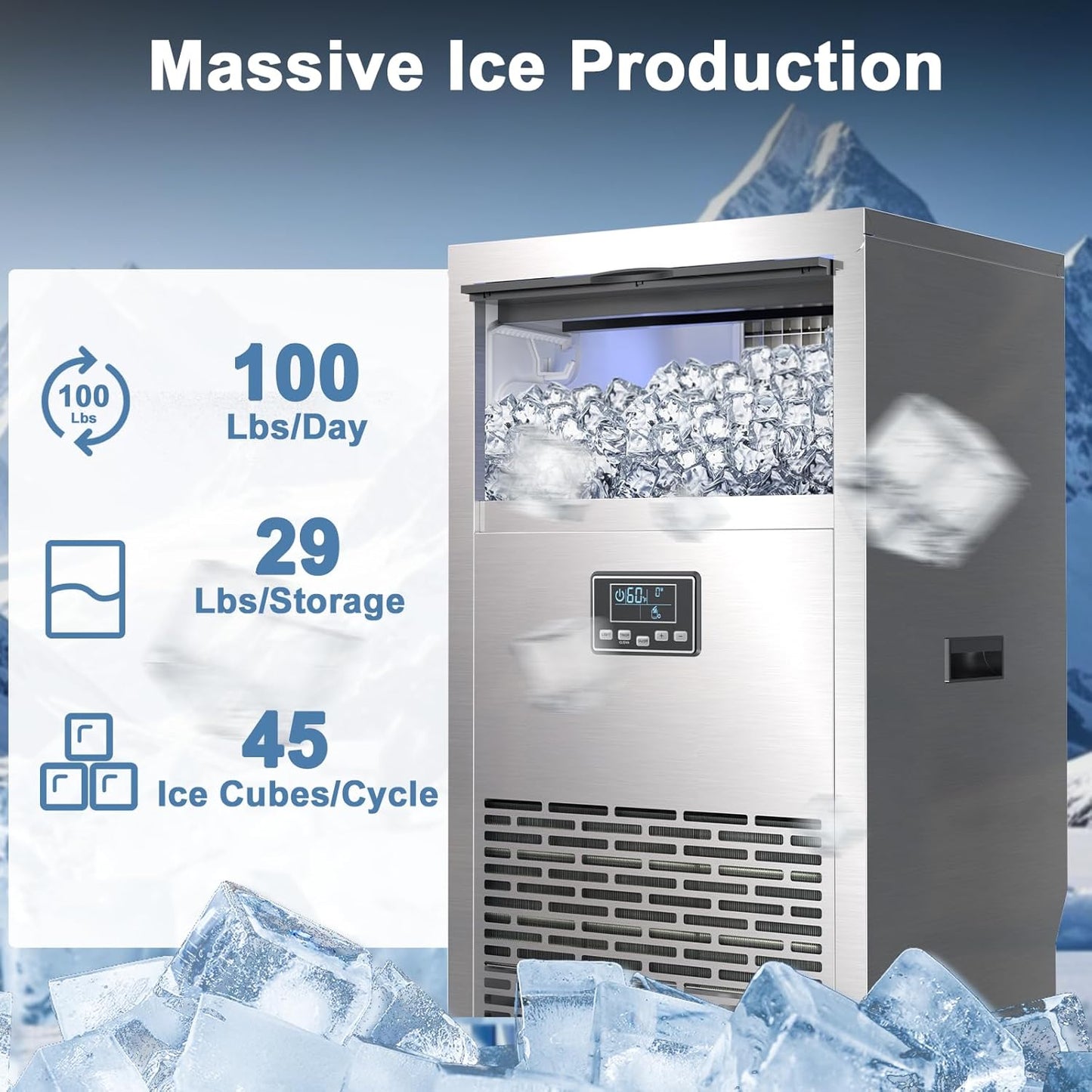 Máquina hielo comercial acero inox 100lb/24h control tactil
