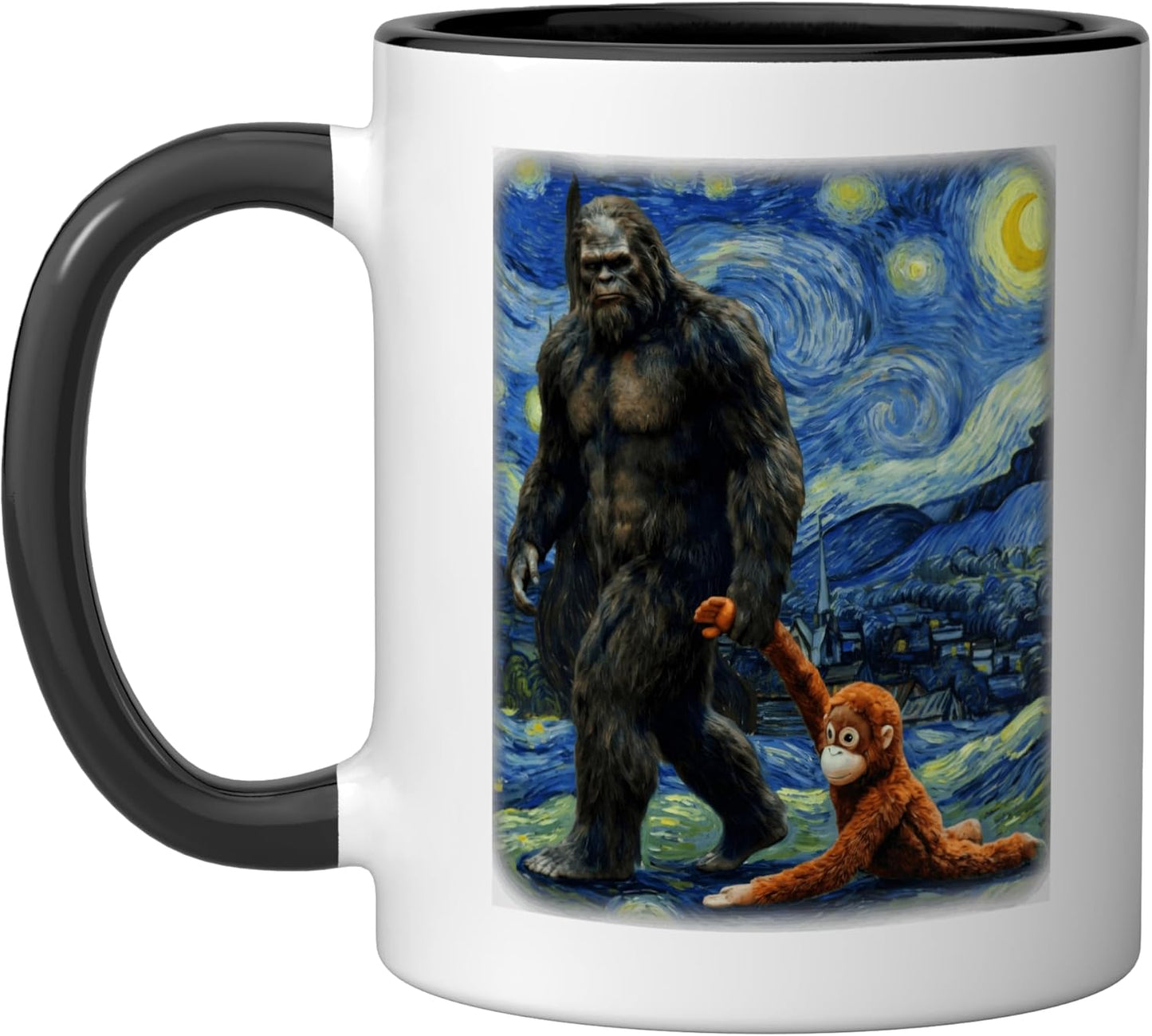 Taza cerámica Bigfoot Sasquatch video meme mono bebé negro/blanco