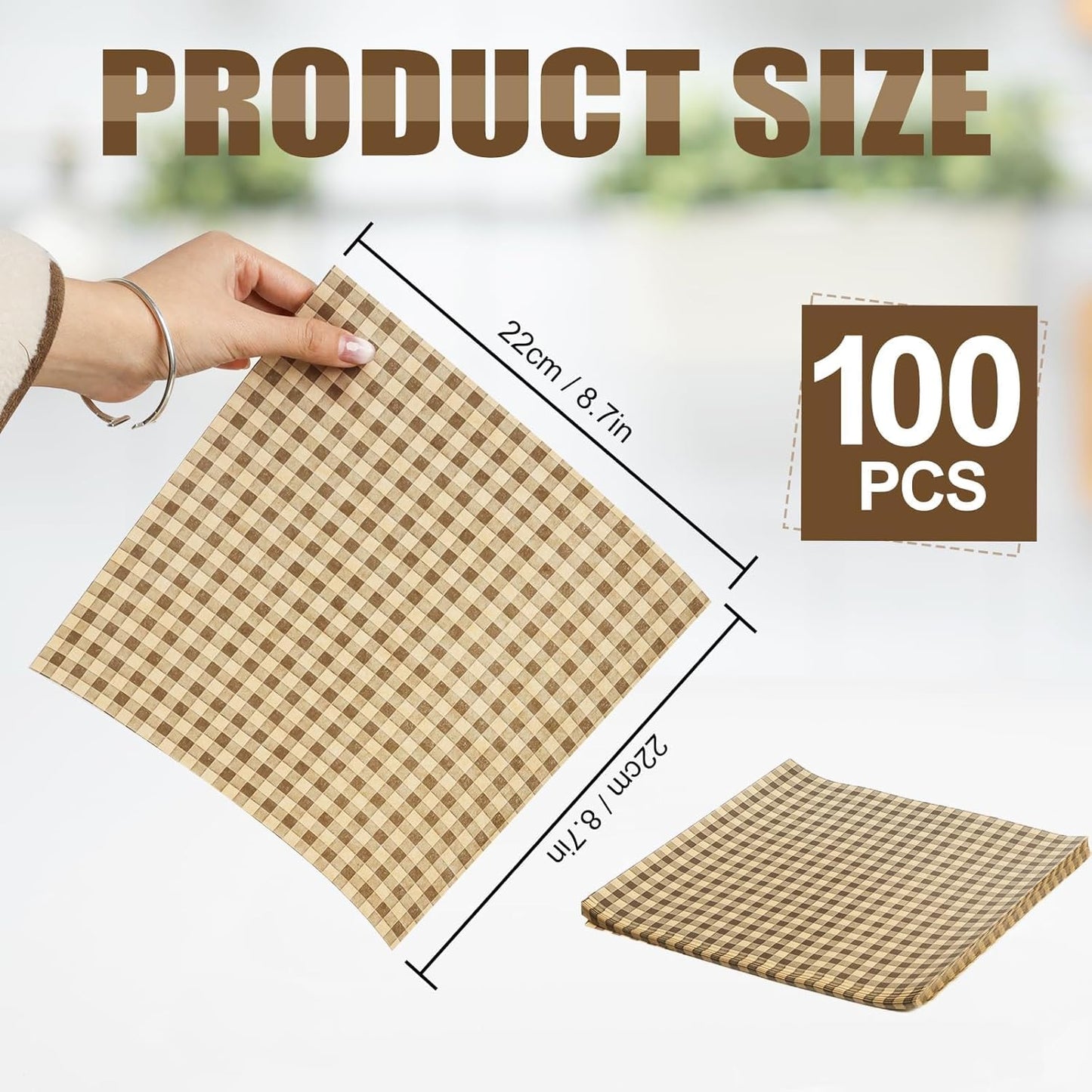 100 Hojas Papel Encerado 8.7x8.7pulg para Alimentos Marrón
