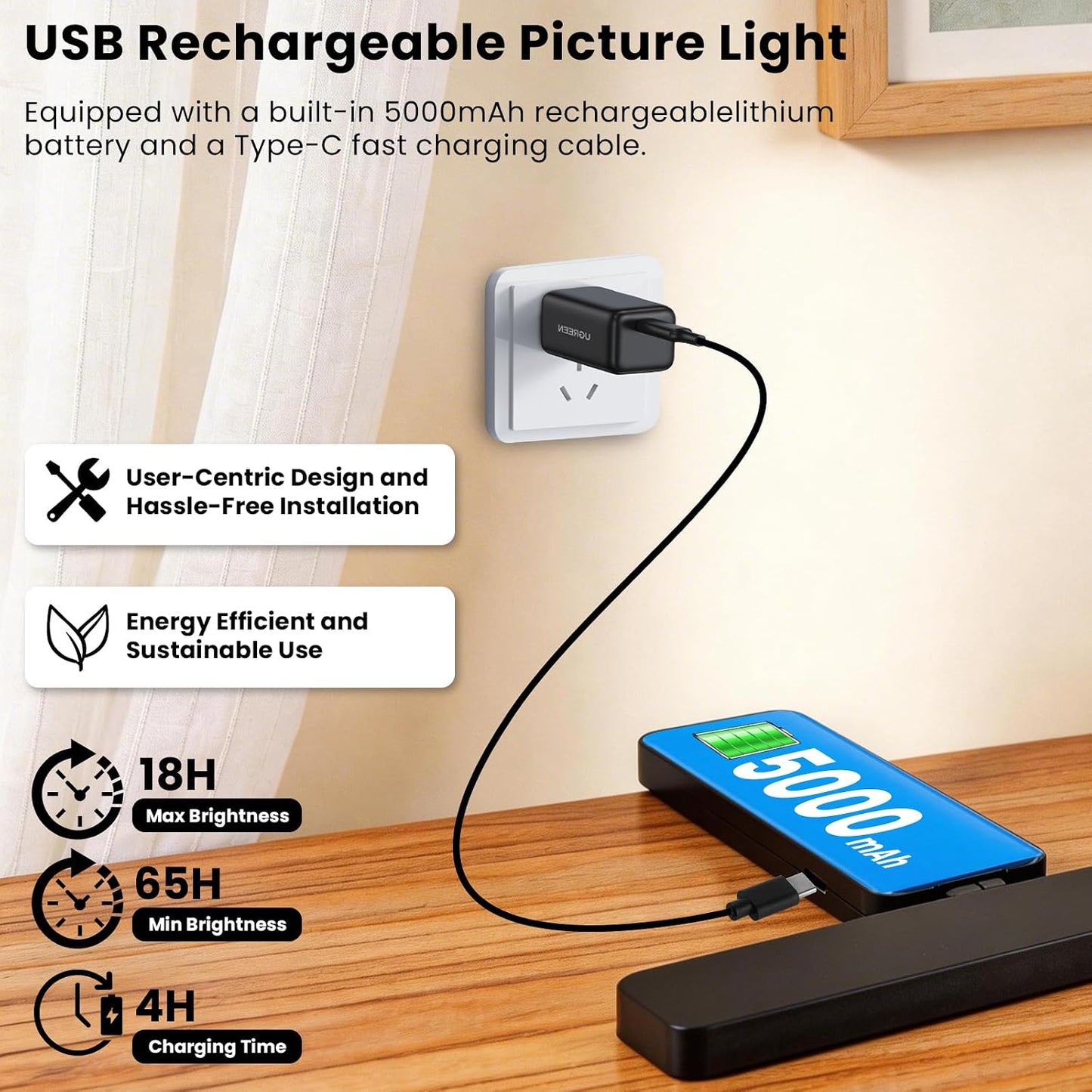 Luces pared recargables LED 2 pzas negro con control