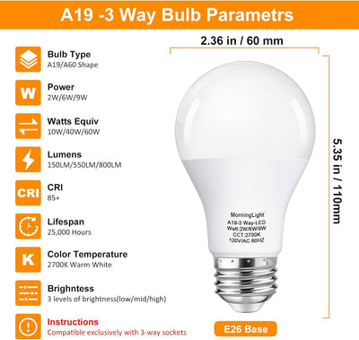 Pack 2 Bombillas LED A19 3 Vías 60W Blanco Cálido 2700K