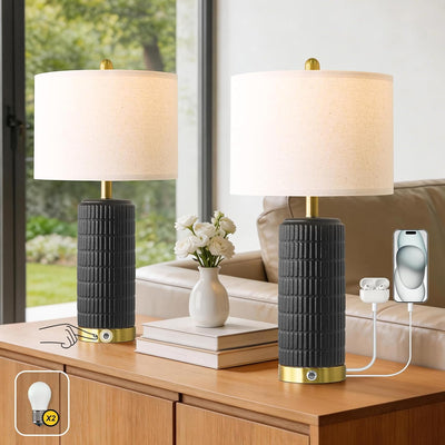 2 Lámparas Mesa Cerámica 25pulg USB Textura Mate Negra
