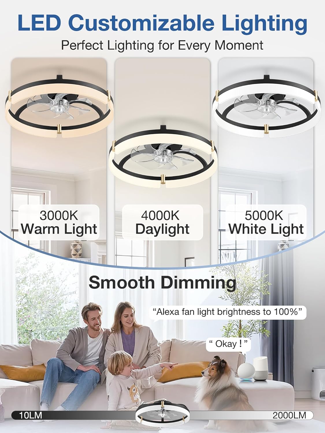 Ventilador techo inteligente 20pulg luces control Alexa