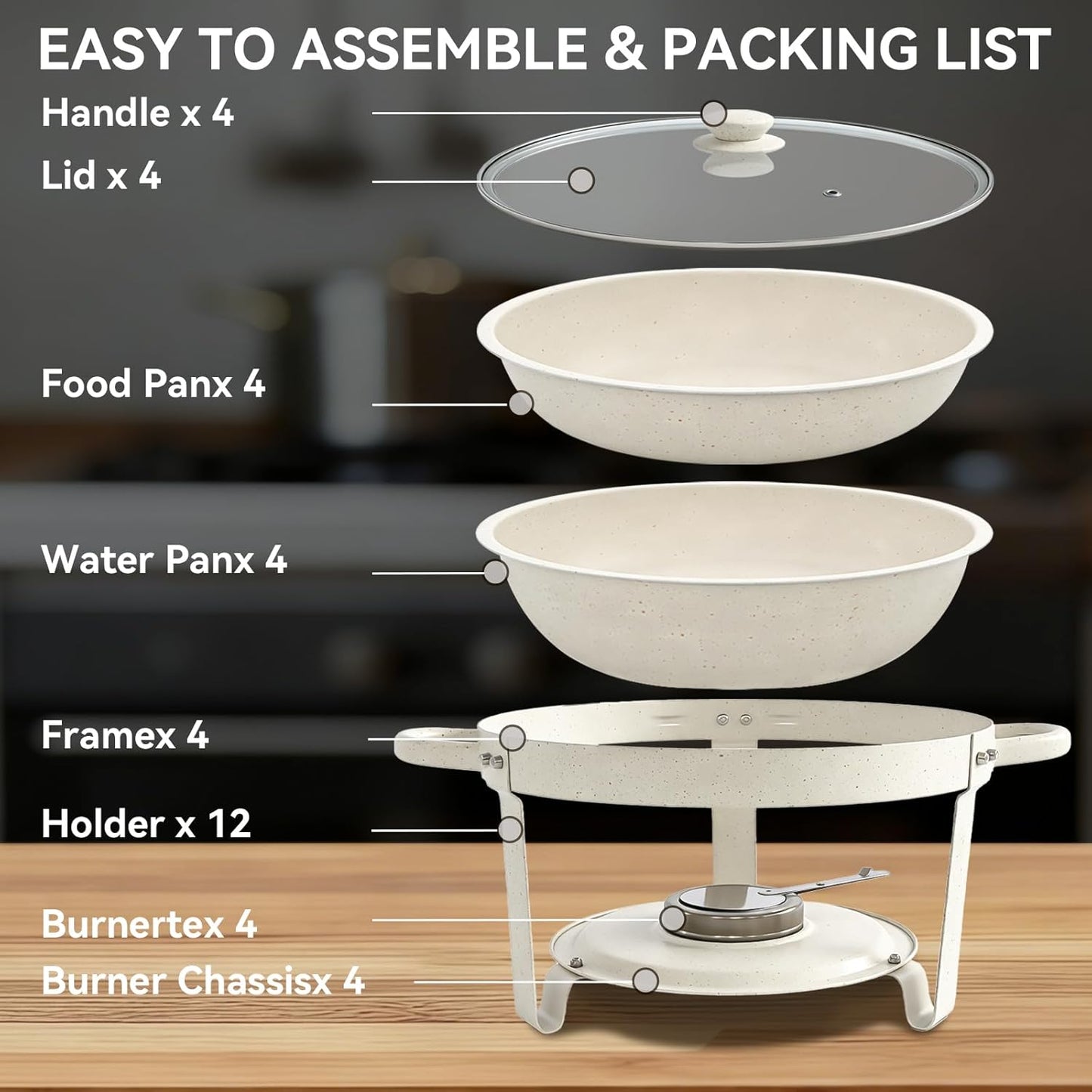 Set 4 platos bufé acero inox 6qt con tapa vidrio