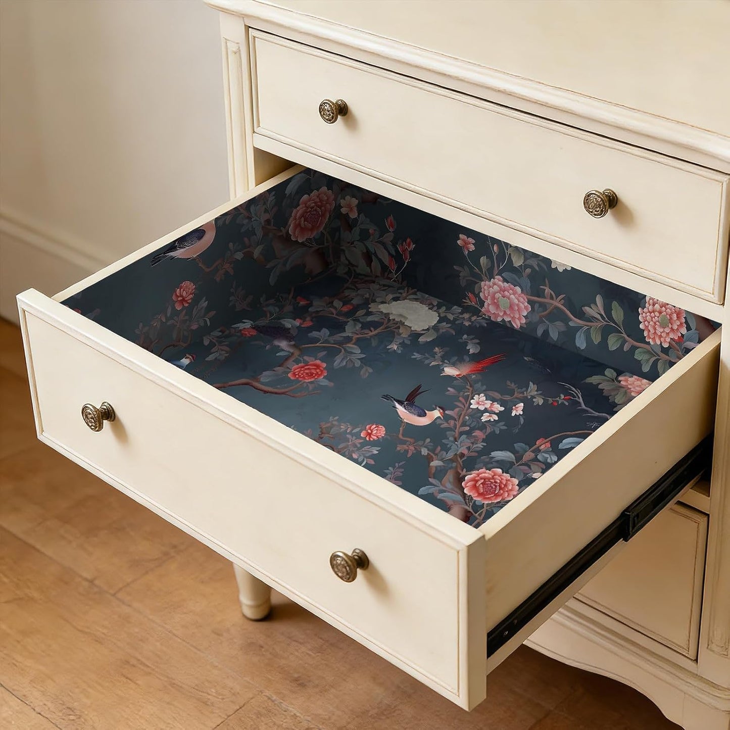 Papel tapiz floral chinoiserie verde azulado oscuro autoadhesivo
