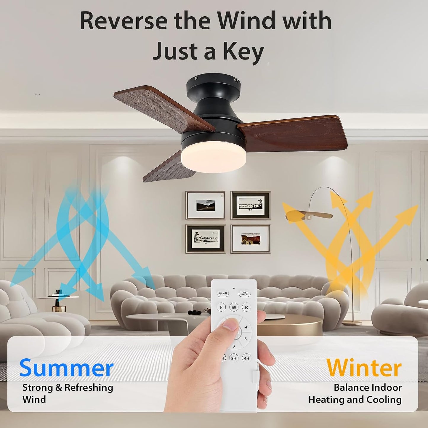 Ventilador techo madera 30pulg luz motor CC reversible remoto