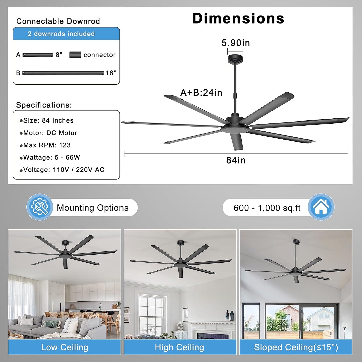 Ventilador techo industrial 84pulg motor CC negro