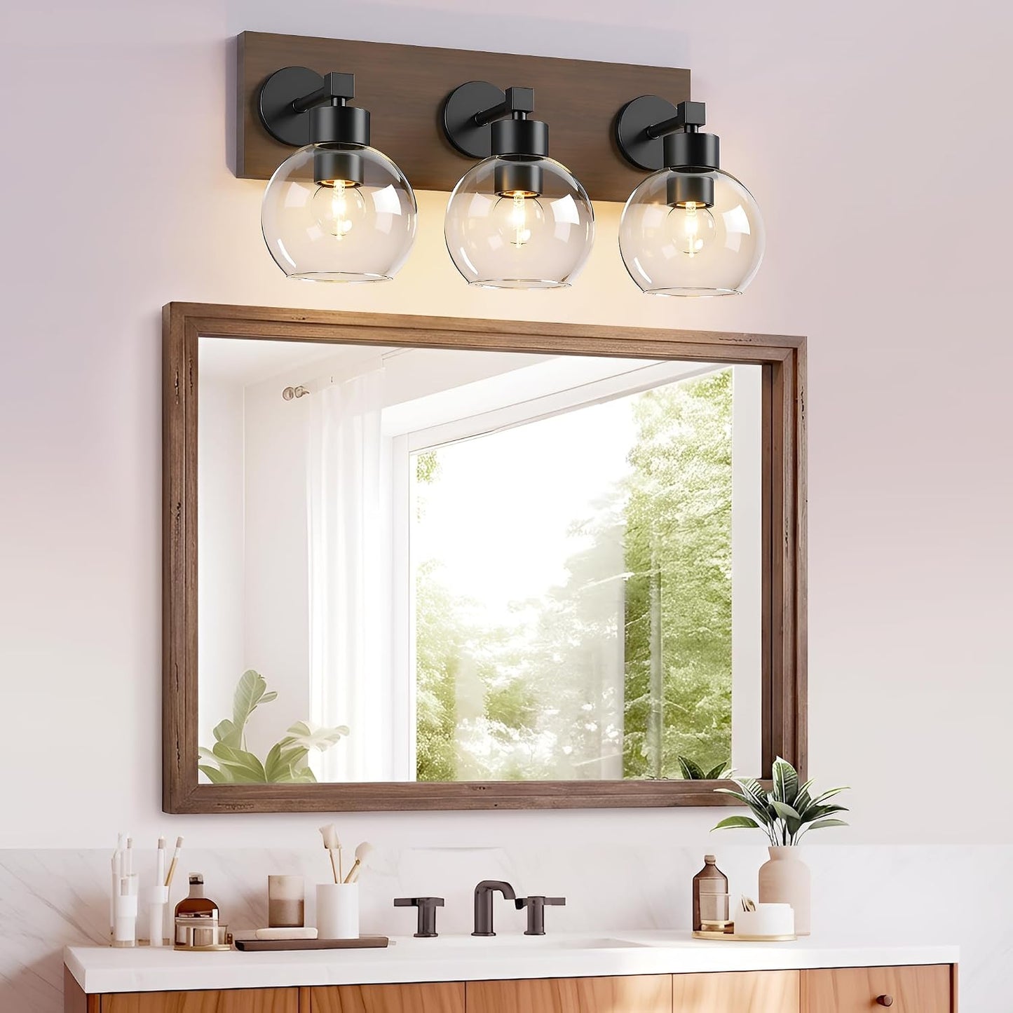 Lámpara tocador baño madera negra 3 luces vidrio