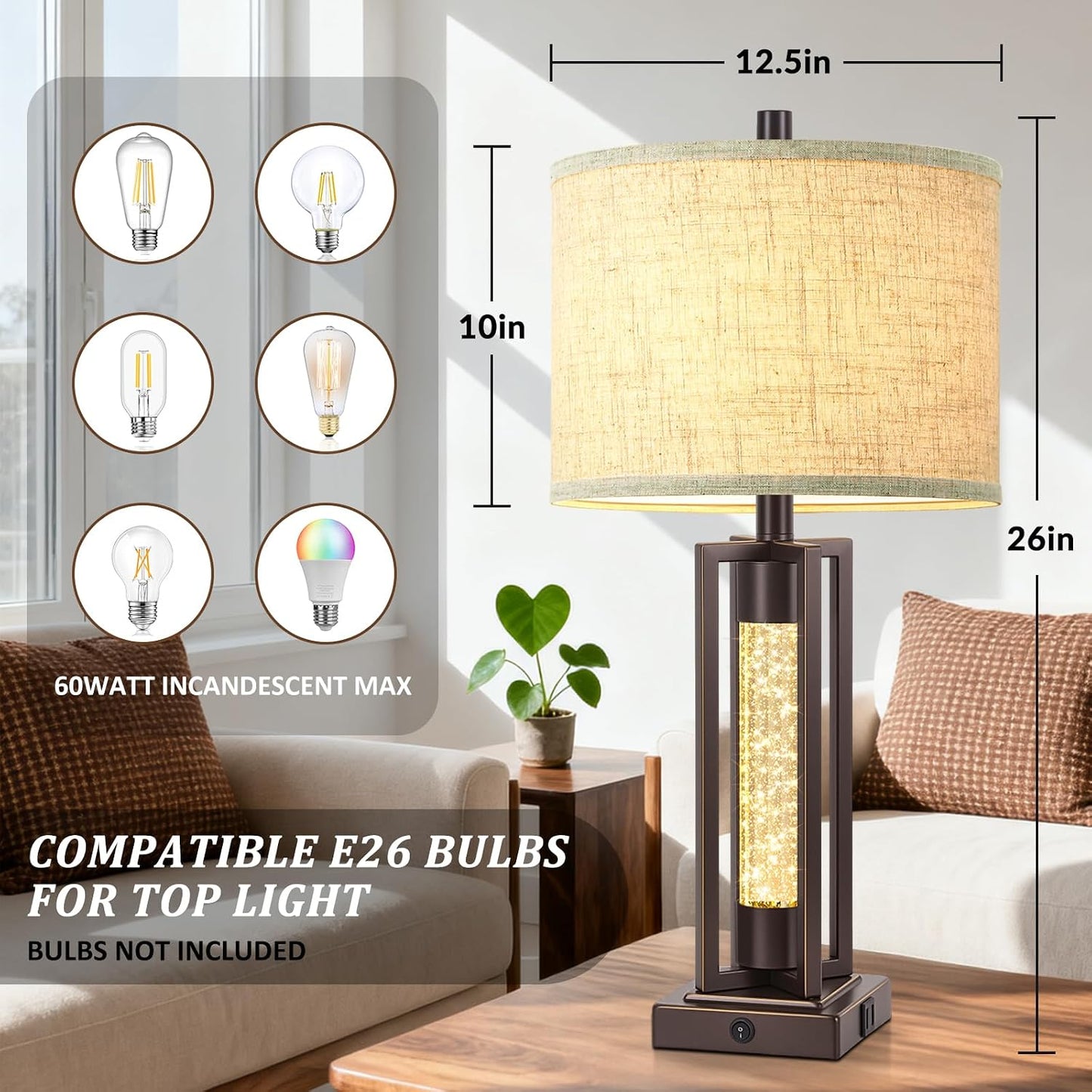 2 Lámparas Mesa Vintage 26pulg Sala Dormitorio USB Luz Nocturna
