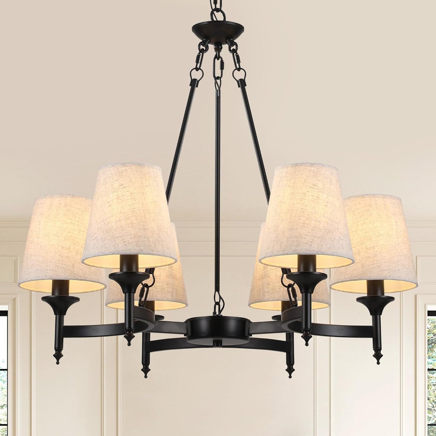 Candelabro industrial negro 6 luces 27pulg tela lino ajustable