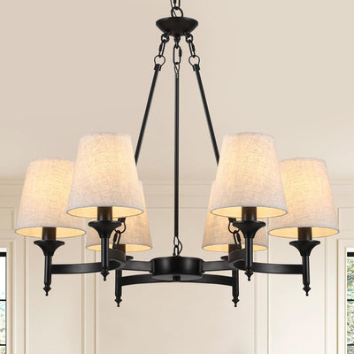 Candelabro industrial negro 6 luces 27pulg tela lino ajustable