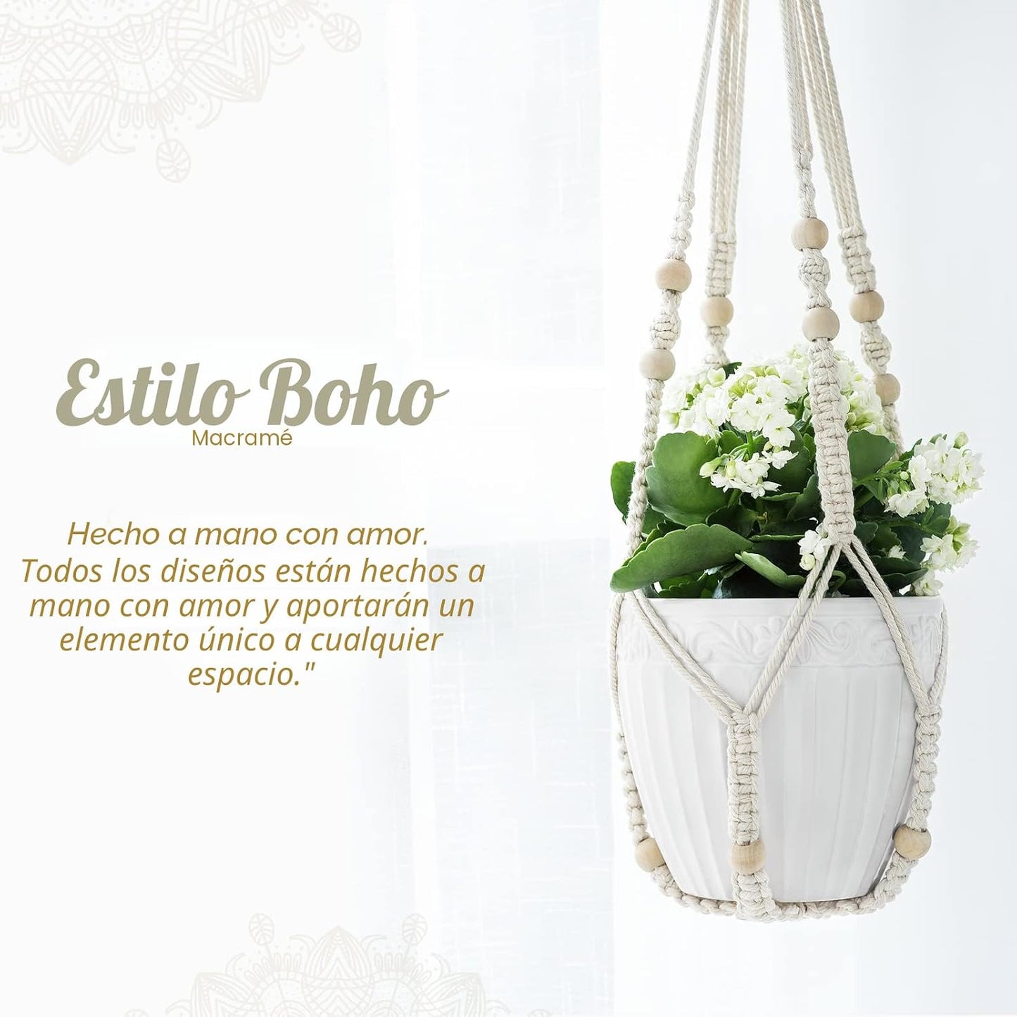 Colgador plantas macramé cesta madera 35pulg marfil