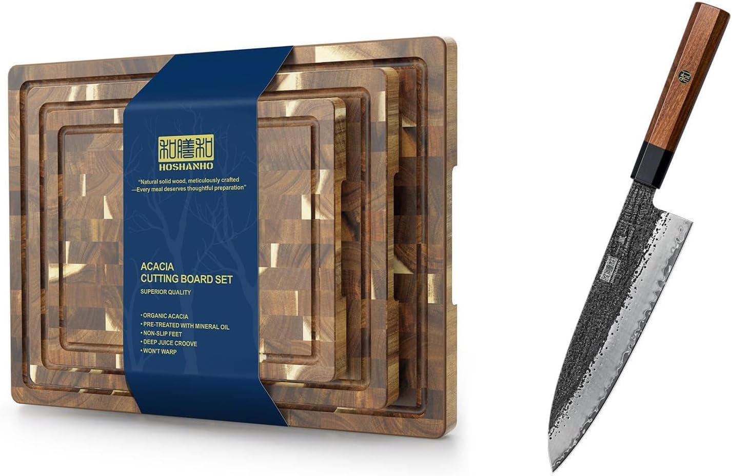 Set 3 Tablas Cortar Acacia Extra Grandes con Cuchillo Chef 8pulg