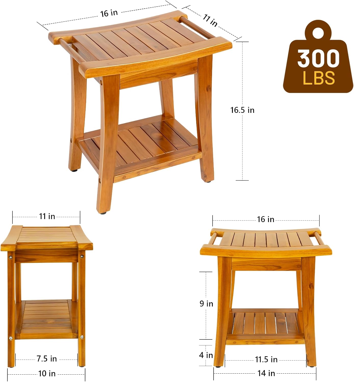 Banco ducha teca 16pulg con estante asa asiento impermeable