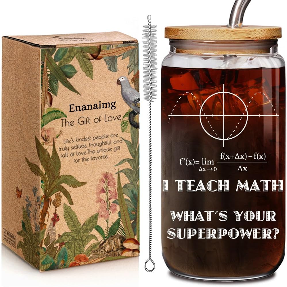 Taza de vidrio con tapa y popote para profesores de matemáticas
