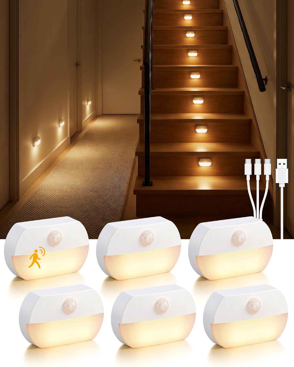6 Luces LED Recargables Sensor Movimiento para Escaleras y Baño