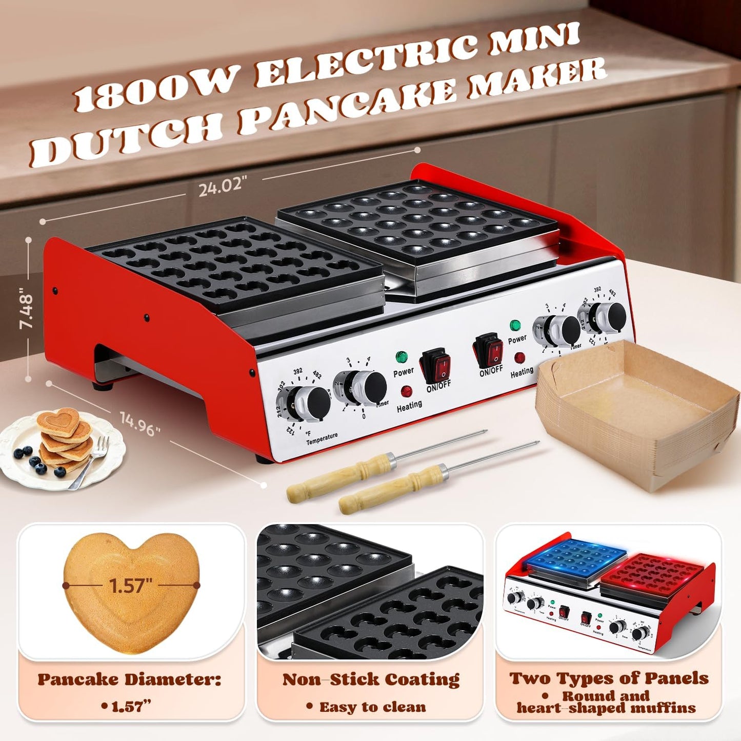 50 Pzas Máquina Panqueques Corazón Acero Inox Antiadherente 1800W