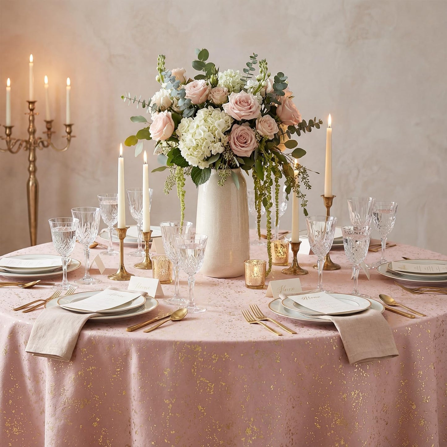Mantel redondo de terciopelo rosa 60 x 60 pulgadas con lentejuelas doradas para bodas y fiestas