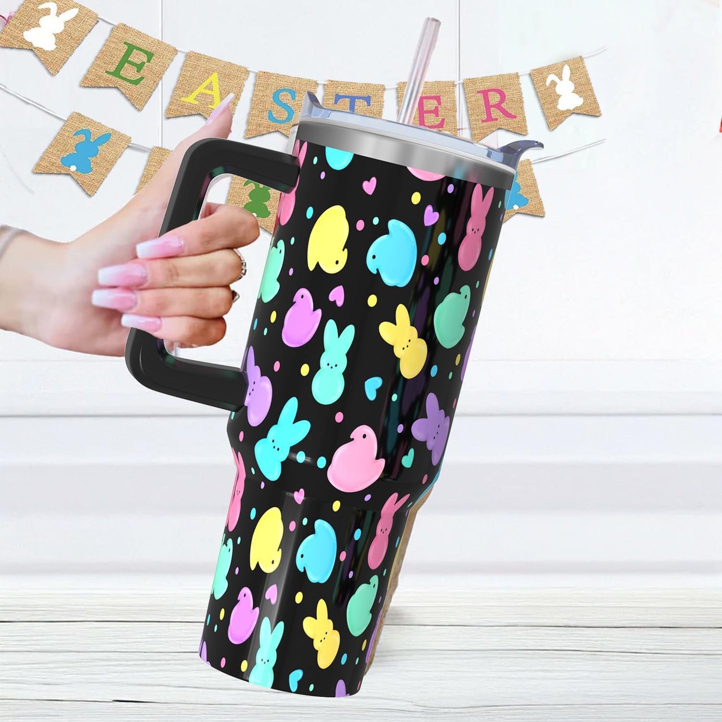 Vaso de Pascua con asa y pajita, botella de agua aislada de acero inoxidable