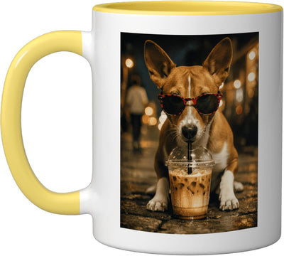 Taza Cerámica Basenji Café Frío Color Amarillo Blanco