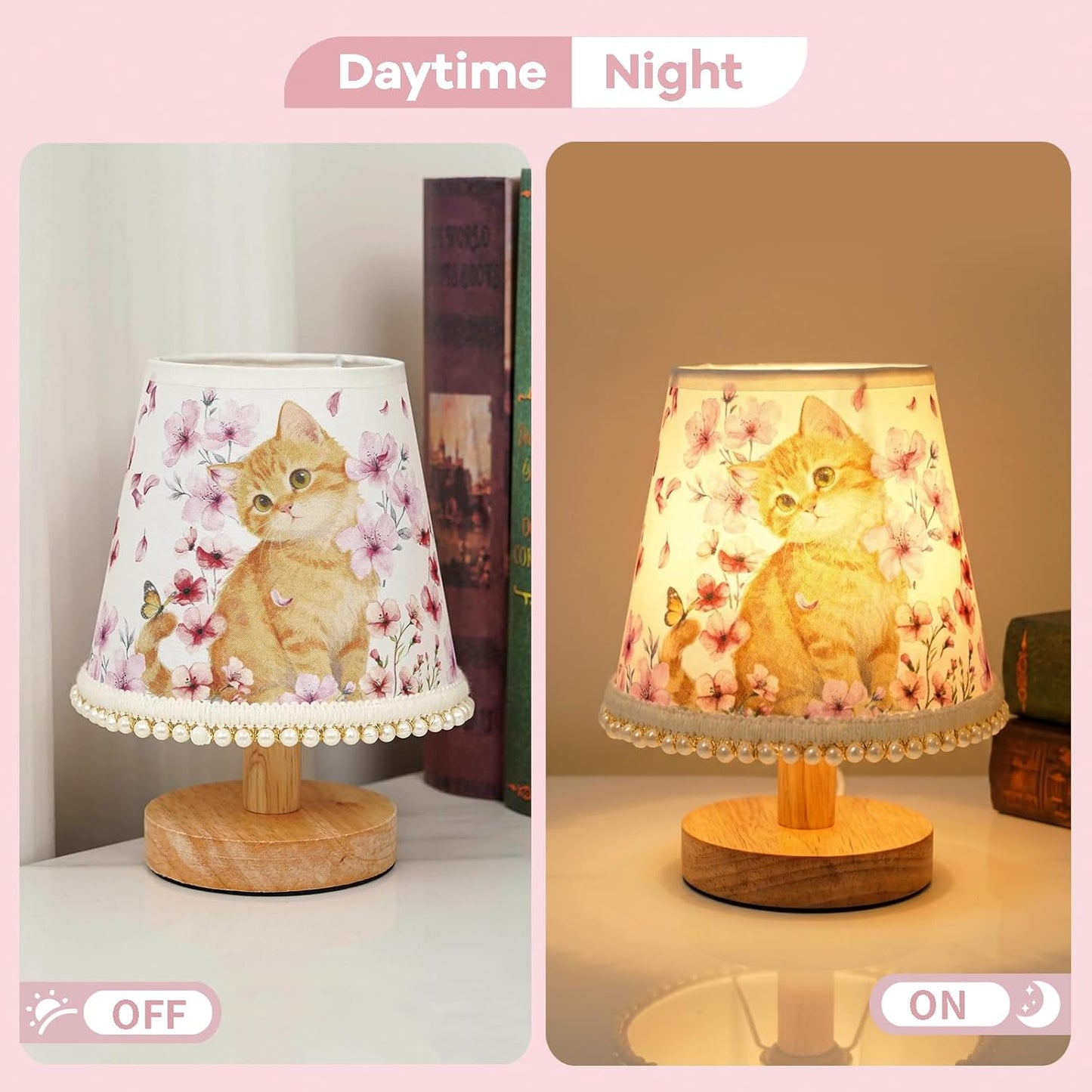 Lámpara Floral Tela Soporte Madera Regalo Gato