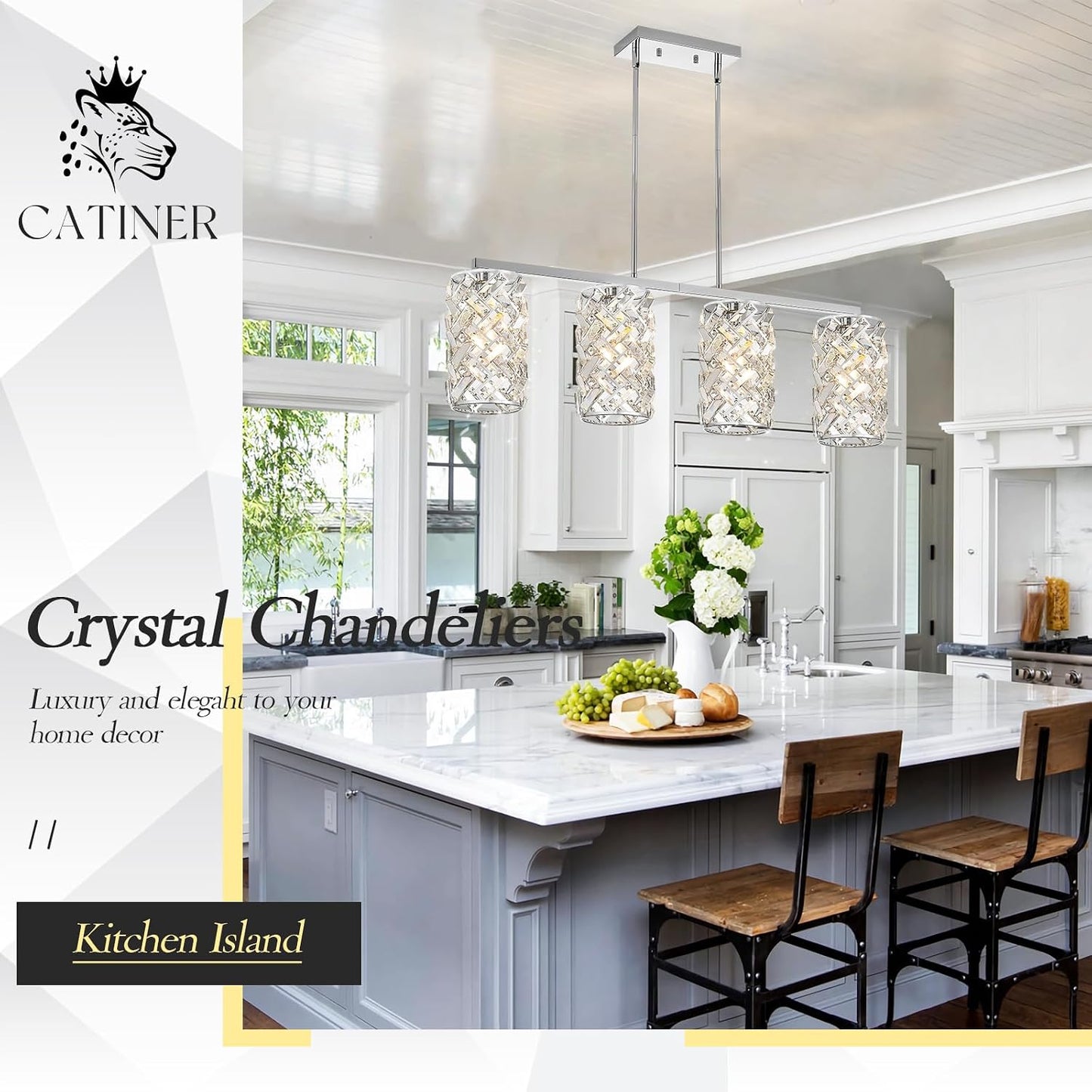 Lámpara isla cocina cristal cromado 40pulg 4 luces techo comedor