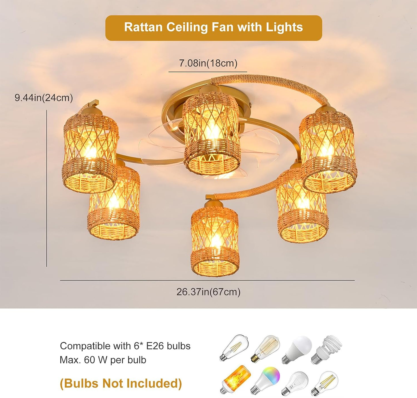 Ventilador techo rattan boho con luz 26.4pulg E26 dorado