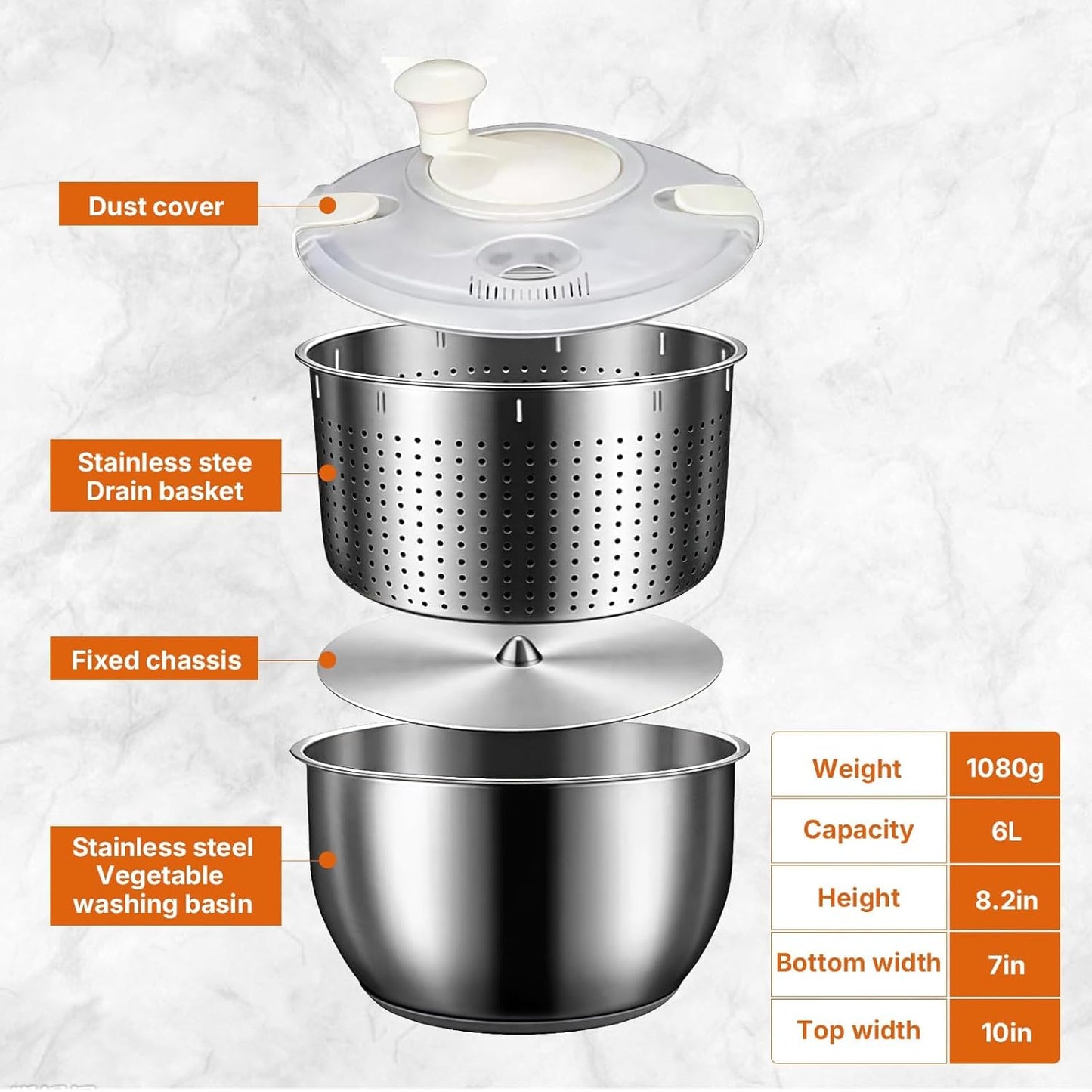 Hilandero de ensalada acero inoxidable 6L multiusos con tapa PP