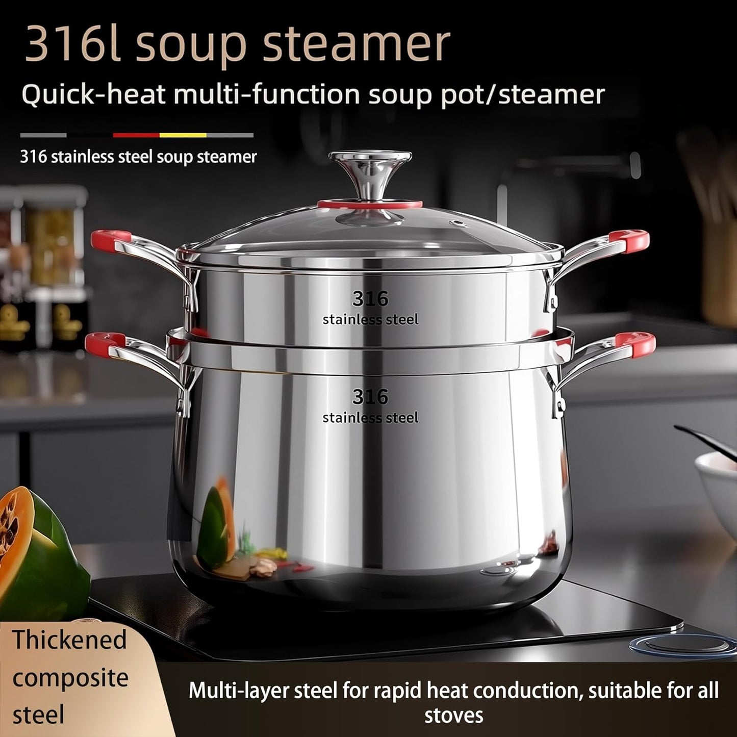 Olla Acero Inox 8qt Con Inserto Vapor Tapa Vidrio Comp Halógena