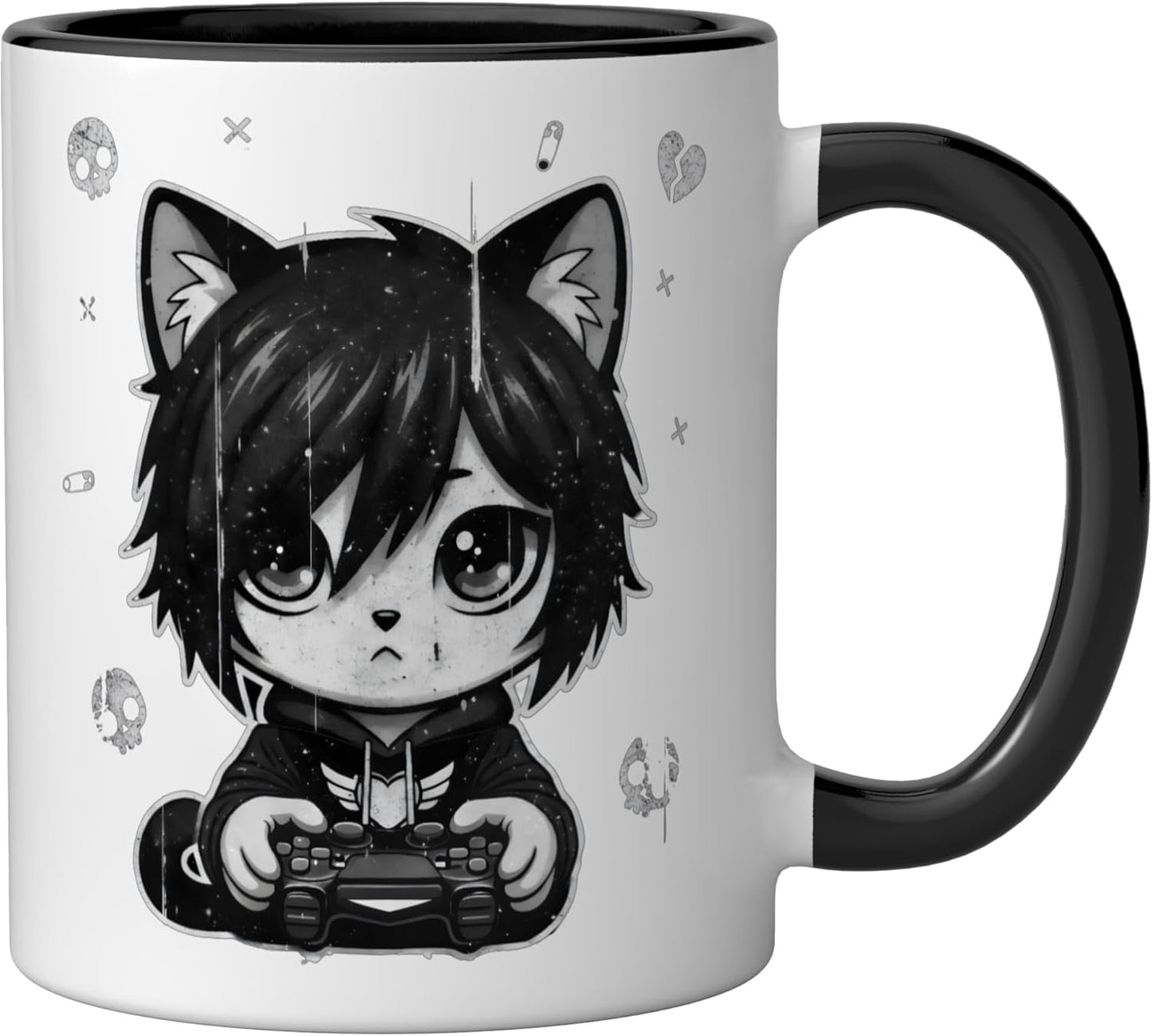 Taza de cerámica emo goth gamer con diseño negro y blanco