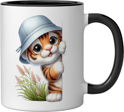 Taza de cerámica Kawaii Tiger Cub con sombrero de cubo negro/blanco