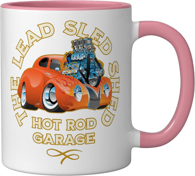 Taza cerámica vintage coche hot rod garaje diseño cartoon rosa/blanco