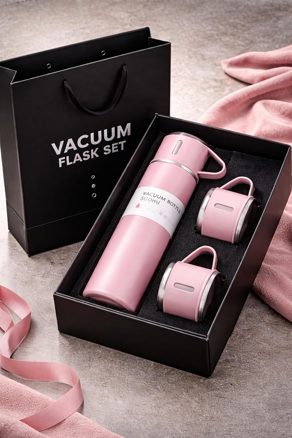 Botella térmica acero inox con tapa rosa a prueba de fugas