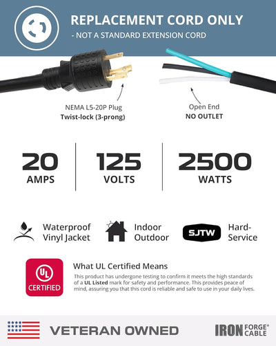 Cable ext. NEMA L5-20P 6ft 20A resistente exterior