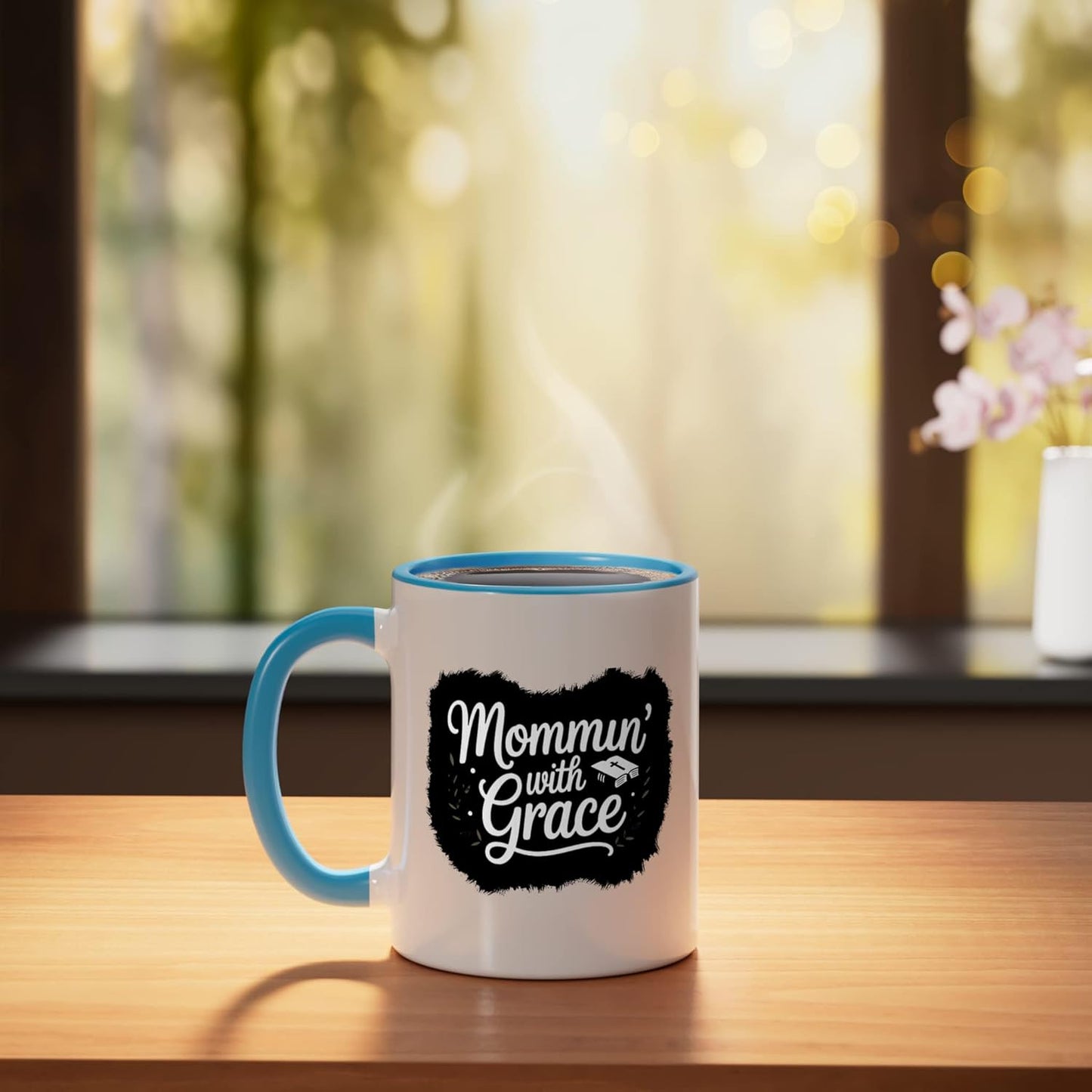 Taza cerámica para mamá con gracia, fe, familia y amor cristiano azul/blanco