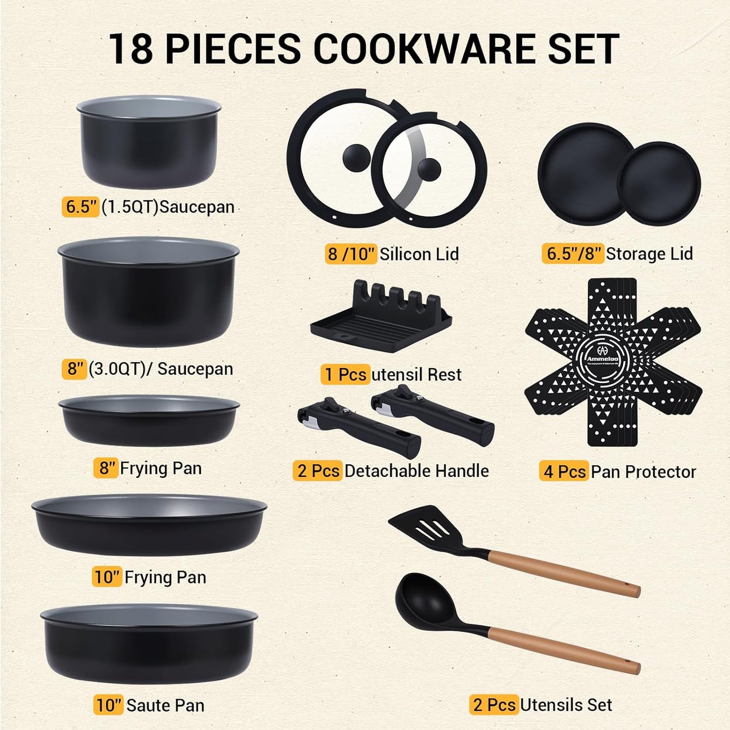 Set 18 Pzas Ollas Cerámica y Moldes Hornear Apilables Negro